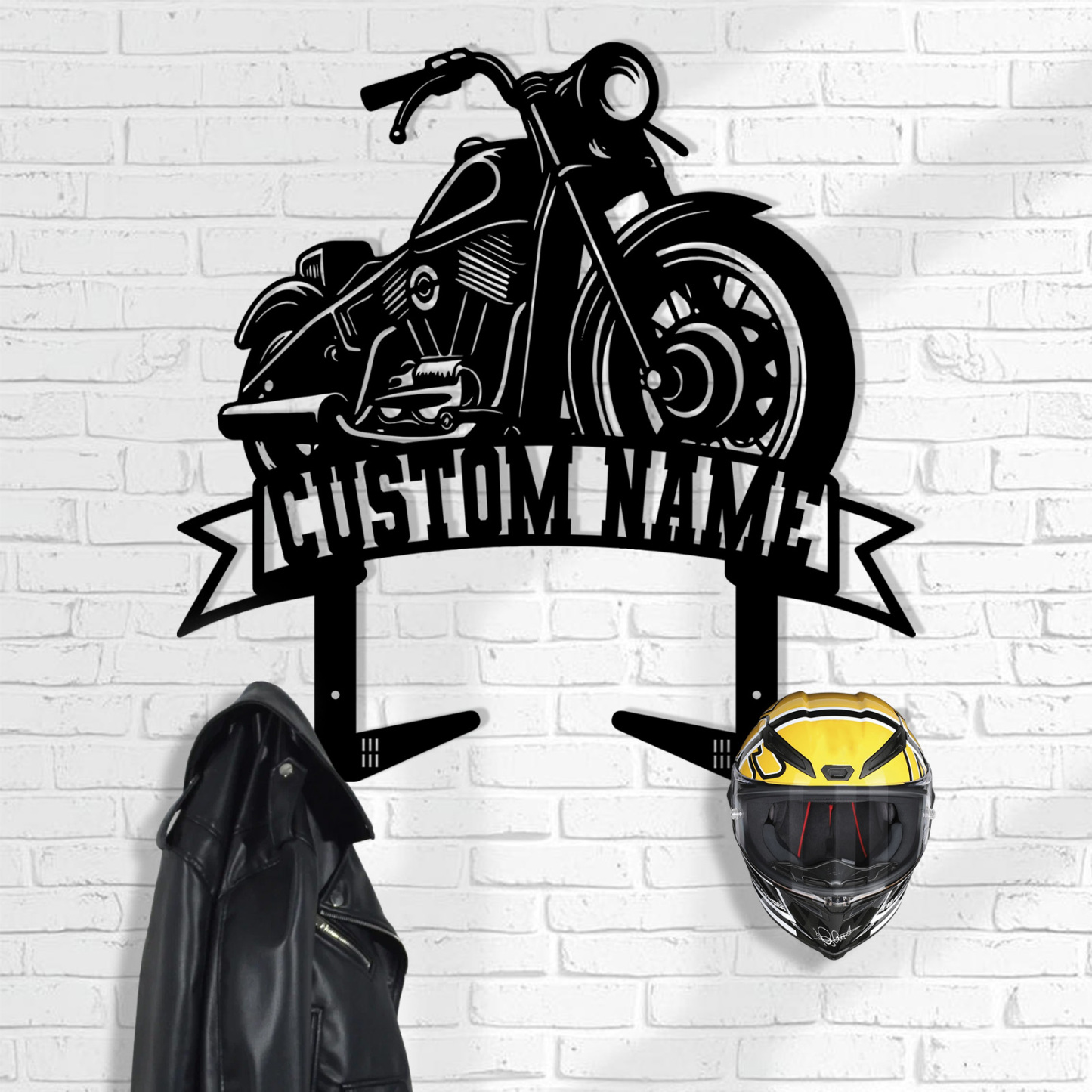 Custom Motorcycle Side View Helmet Holder with Hooks, Personalized Name Wall Mount Rack for Biker Helmet Jacket Coat, Metal Garage Organizer