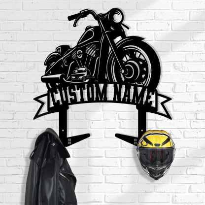 Custom Motorcycle Side View Helmet Holder with Hooks, Personalized Name Wall Mount Rack for Biker Helmet Jacket Coat, Metal Garage Organizer
