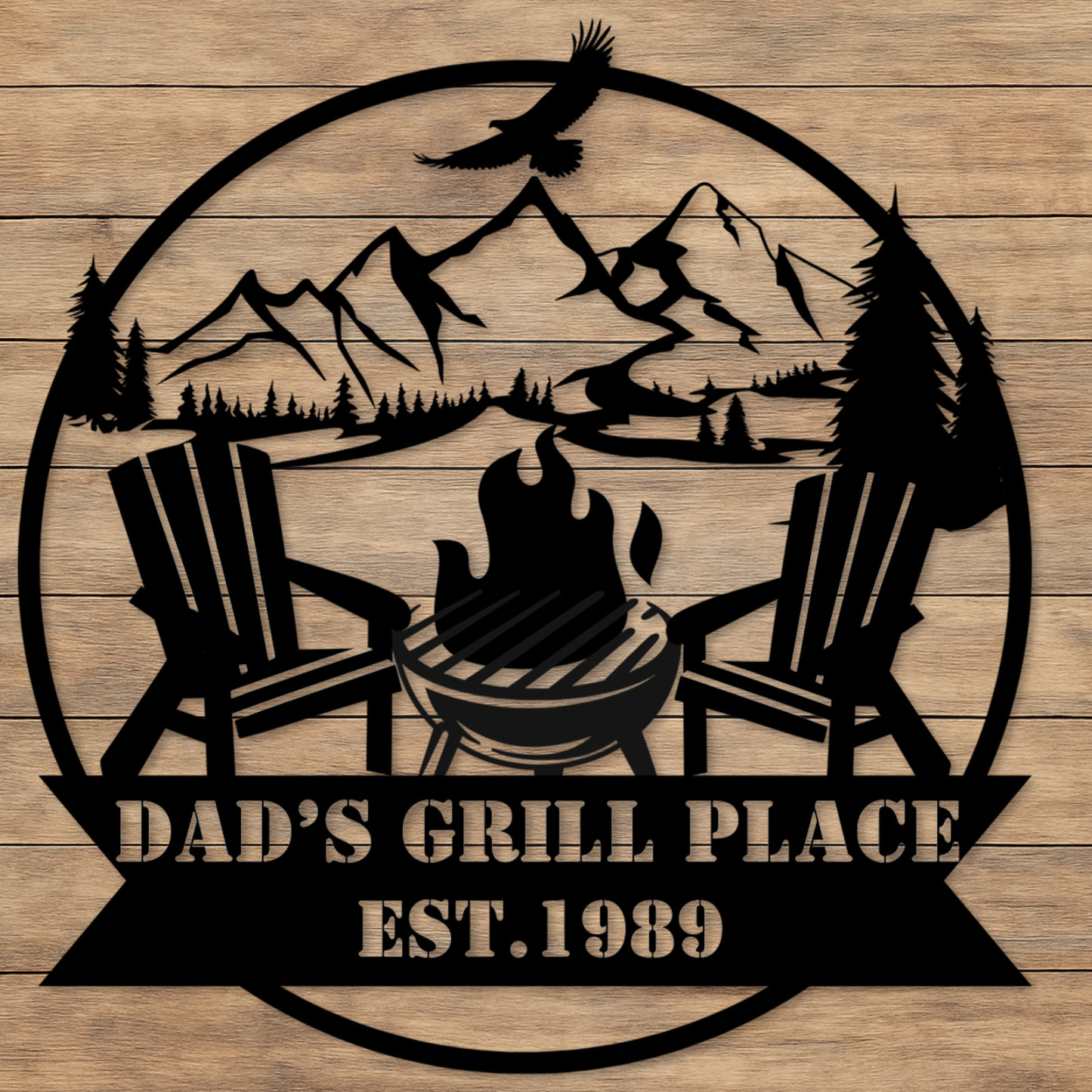 Custom Mountain Campfire Metal Sign, Personalized Cabin Wall Art with Adirondack Chairs and Forest, Outdoor Decor for Backyard or Lodge