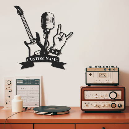 Personalized Rock Band Metal Sign, Custom Name Wall Art with Guitar, Mic, and Hand Sign, Gift for Rock Fans