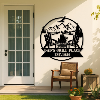 Custom Mountain Campfire Metal Sign, Personalized Cabin Wall Art with Adirondack Chairs and Forest, Outdoor Decor for Backyard or Lodge