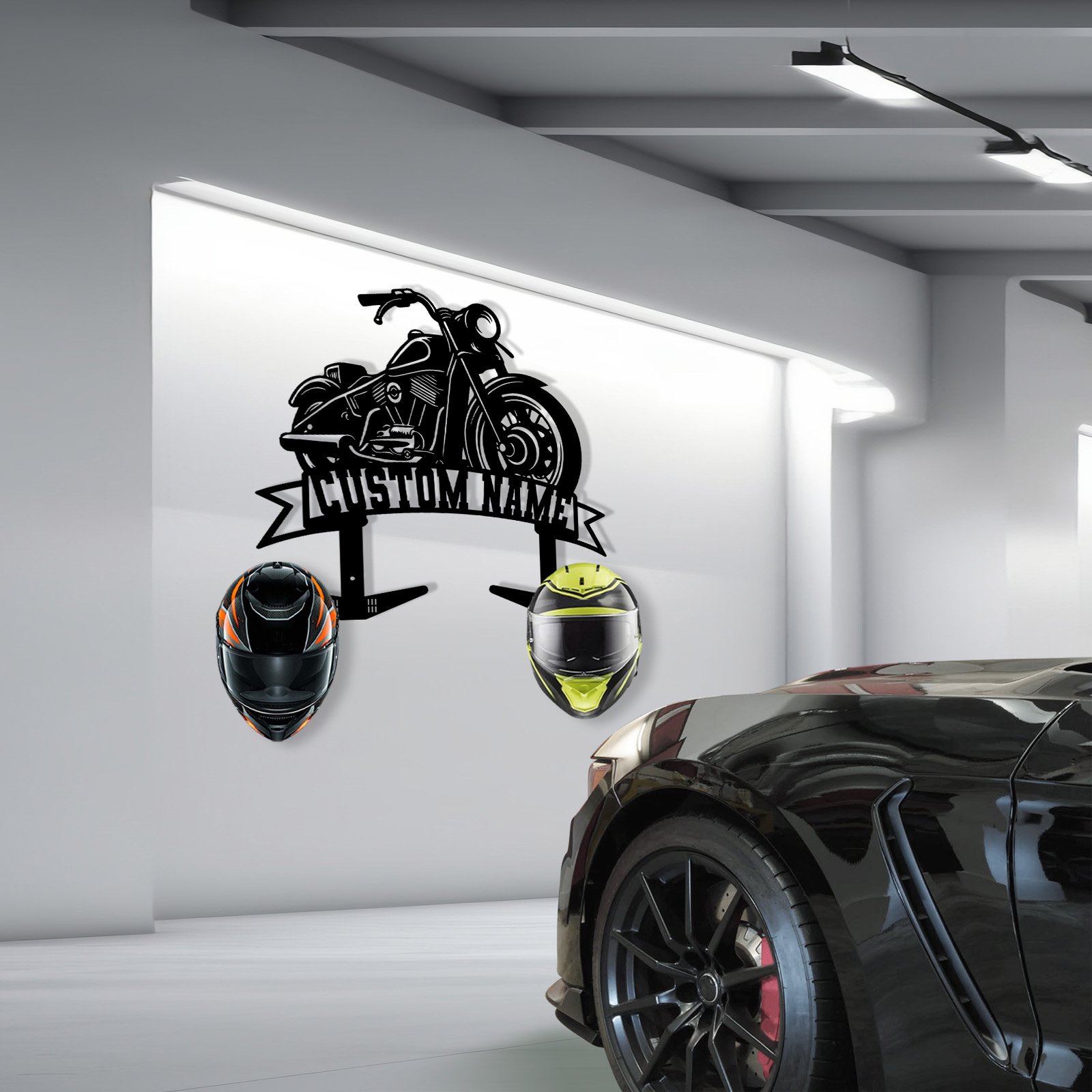 Custom Motorcycle Side View Helmet Holder with Hooks, Personalized Name Wall Mount Rack for Biker Helmet Jacket Coat, Metal Garage Organizer