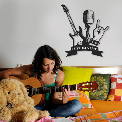 Personalized Rock Band Metal Sign, Custom Name Wall Art with Guitar, Mic, and Hand Sign, Gift for Rock Fans