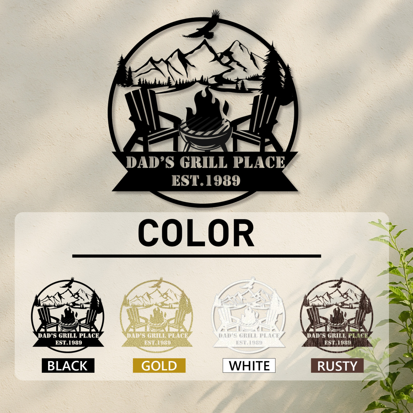 Custom Mountain Campfire Metal Sign, Personalized Cabin Wall Art with Adirondack Chairs and Forest, Outdoor Decor for Backyard or Lodge