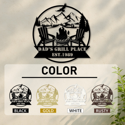 Custom Mountain Campfire Metal Sign, Personalized Cabin Wall Art with Adirondack Chairs and Forest, Outdoor Decor for Backyard or Lodge