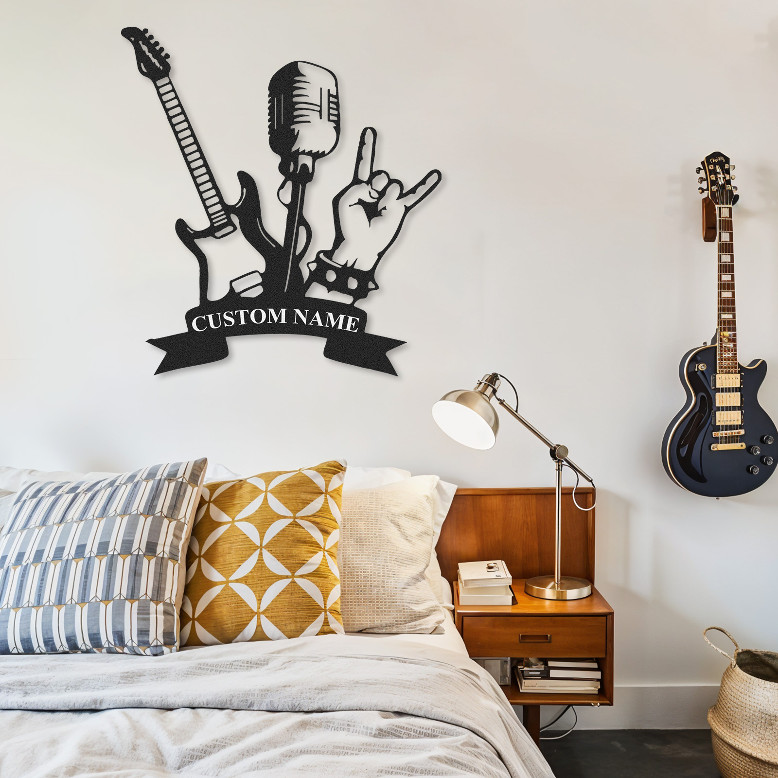 Personalized Rock Band Metal Sign, Custom Name Wall Art with Guitar, Mic, and Hand Sign, Gift for Rock Fans
