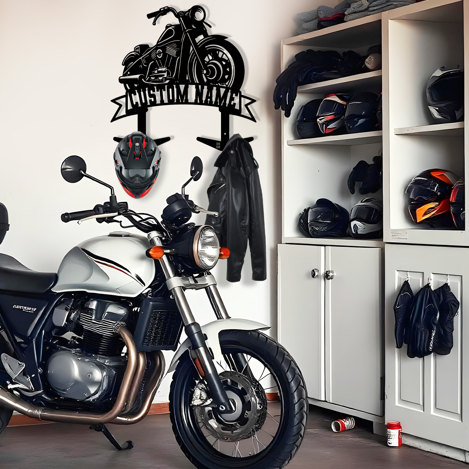 Custom Motorcycle Side View Helmet Holder with Hooks, Personalized Name Wall Mount Rack for Biker Helmet Jacket Coat, Metal Garage Organizer