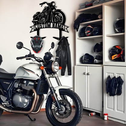 Custom Motorcycle Side View Helmet Holder with Hooks, Personalized Name Wall Mount Rack for Biker Helmet Jacket Coat, Metal Garage Organizer