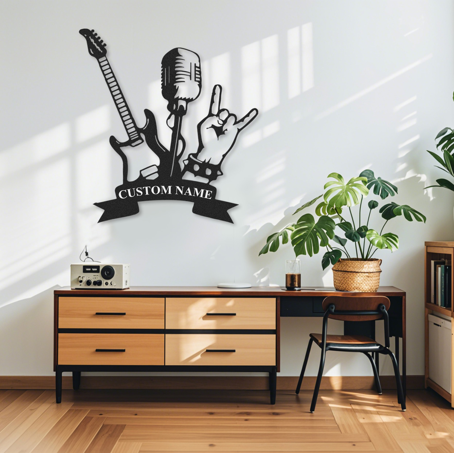 Personalized Rock Band Metal Sign, Custom Name Wall Art with Guitar, Mic, and Hand Sign, Gift for Rock Fans
