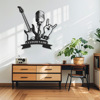 Personalized Rock Band Metal Sign, Custom Name Wall Art with Guitar, Mic, and Hand Sign, Gift for Rock Fans