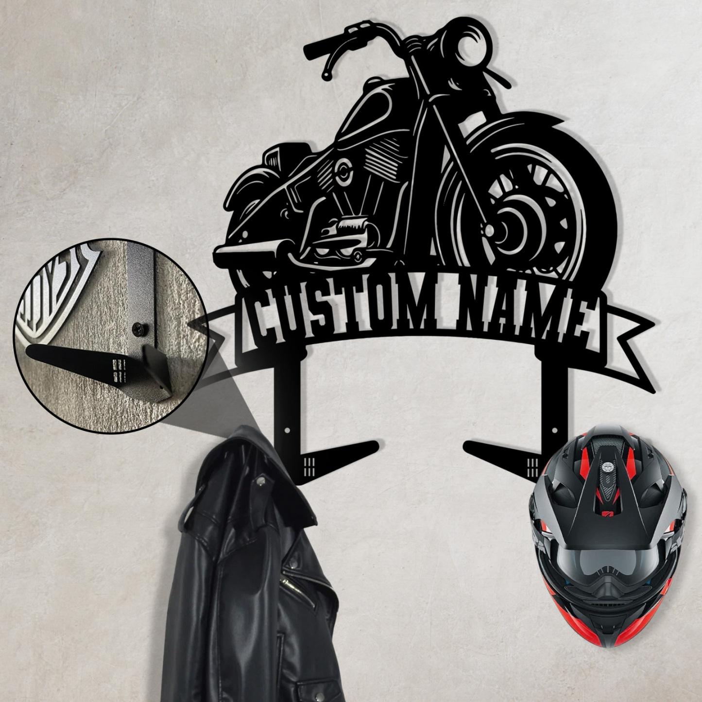 Custom Motorcycle Side View Helmet Holder with Hooks, Personalized Name Wall Mount Rack for Biker Helmet Jacket Coat, Metal Garage Organizer
