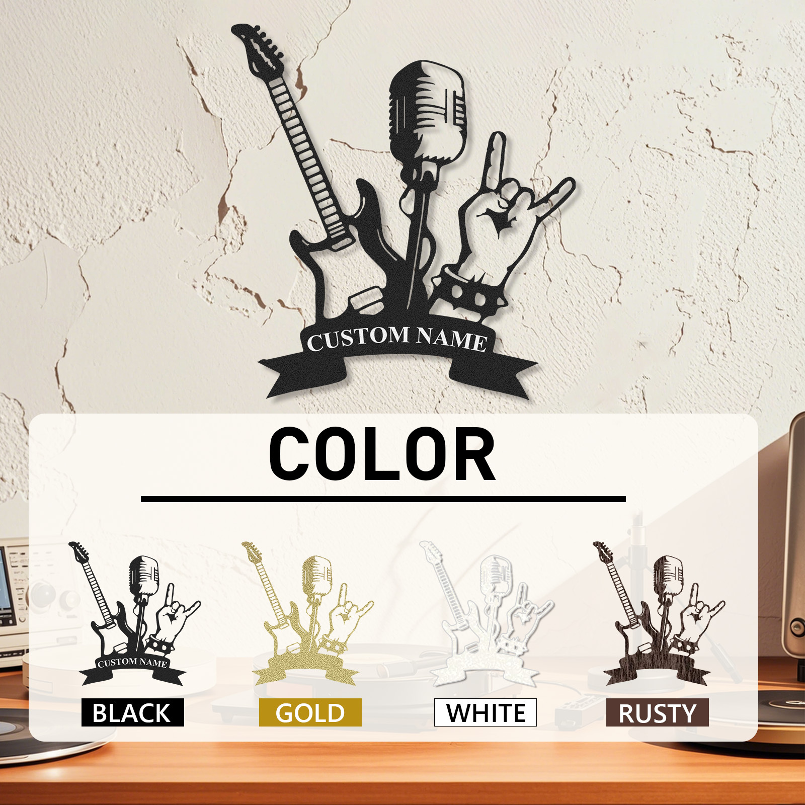 Personalized Rock Band Metal Sign, Custom Name Wall Art with Guitar, Mic, and Hand Sign, Gift for Rock Fans