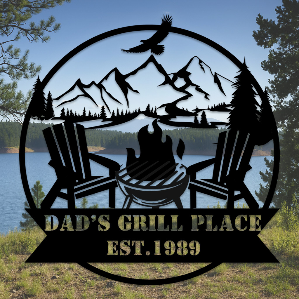 Custom Mountain Campfire Metal Sign, Personalized Cabin Wall Art with Adirondack Chairs and Forest, Outdoor Decor for Backyard or Lodge