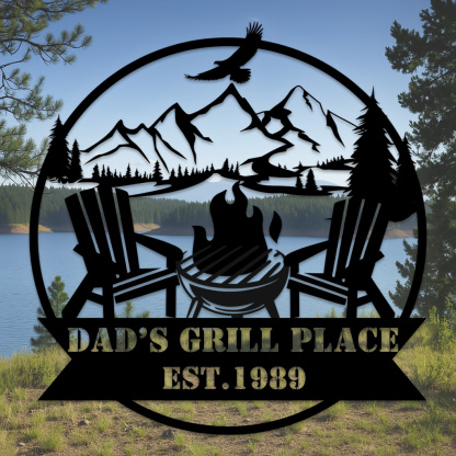 Custom Mountain Campfire Metal Sign, Personalized Cabin Wall Art with Adirondack Chairs and Forest, Outdoor Decor for Backyard or Lodge