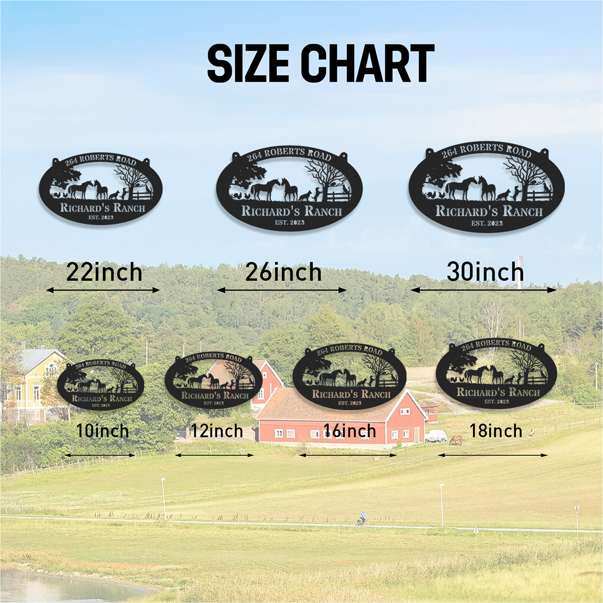 Personalized Ranch Metal Sign with Horses and Farm Animals, Custom Oval Farmhouse Entrance Sign, Outdoor Ranch Decor, Established Year Gift for Farmers