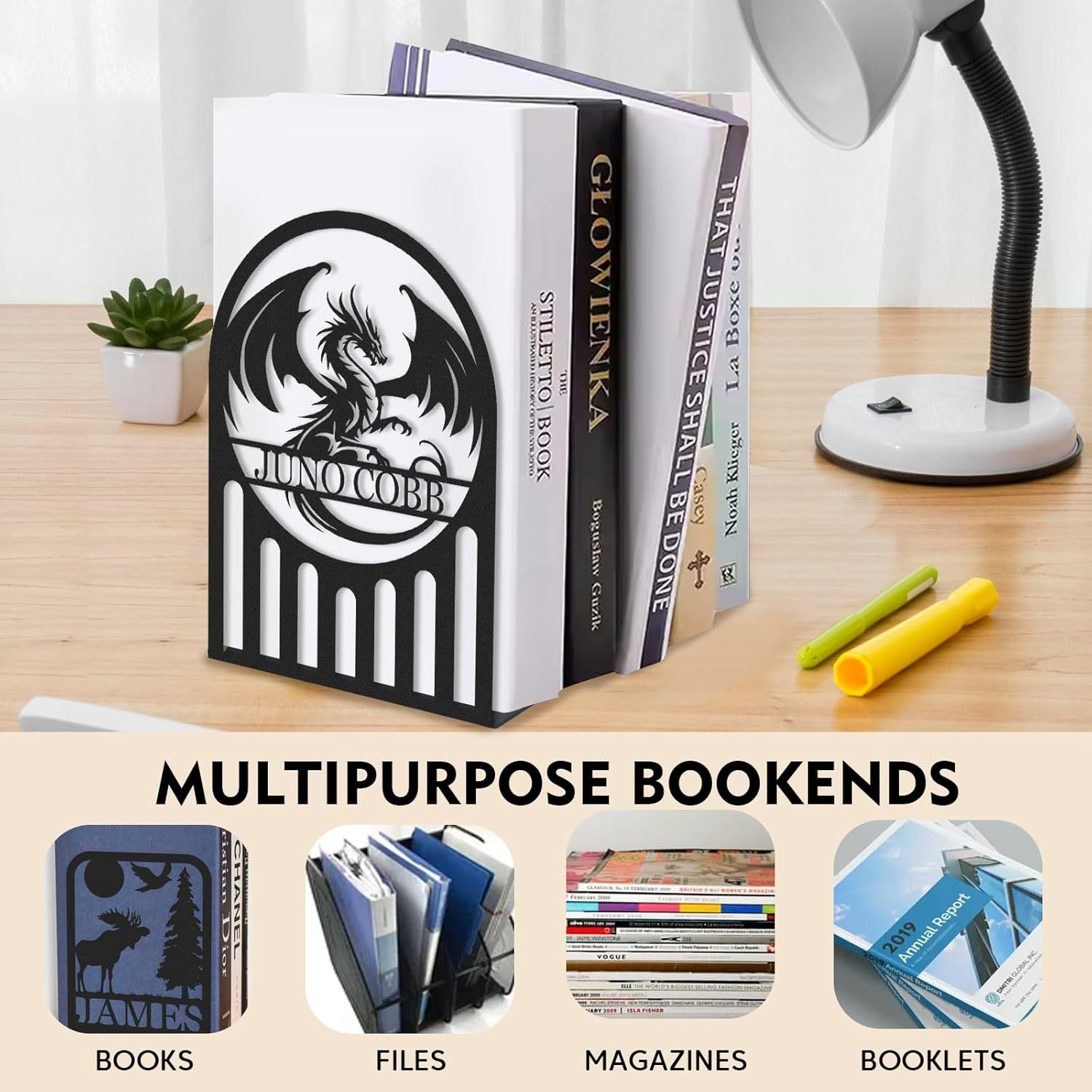 Custom Deer Metal Book Ends, Forest Theme Bookends for Shelves Decorative, Heavy Duty Bookend Stopper, Deer Cabin Decor, Book Organizer for Desk, Black Book Holders for Home Office, Hunter Gifts