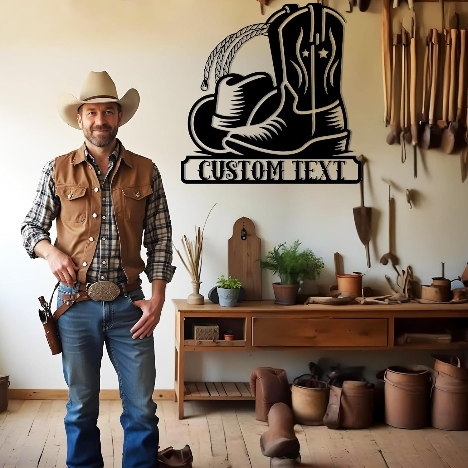 Personalized Western Wall Decor Metal Signs, Rustic Cowboy Couple Silhouette, Cowboy Metal Name Sign Customized, Vintage Howdy Wall Art Gifts for Home Bedroom Speakeasy Decor Color01