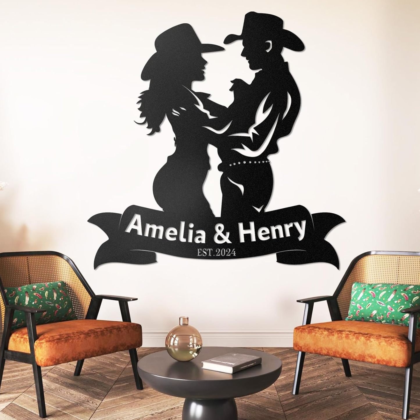 Personalized Western Wall Decor Metal Signs, Rustic Cowboy Couple Silh
