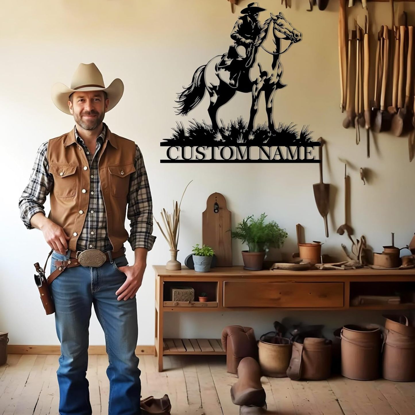 Personalized Western Wall Decor Metal Signs, Rustic Cowboy Couple Silhouette, Cowboy Metal Name Sign Customized, Vintage Howdy Wall Art Gifts for Home Bedroom Speakeasy Decor Color01