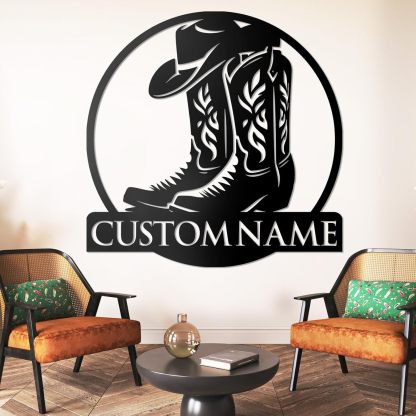 Personalized Western Wall Decor Metal Signs, Rustic Cowboy Couple Silhouette, Cowboy Metal Name Sign Customized, Vintage Howdy Wall Art Gifts for Home Bedroom Speakeasy Decor Color01