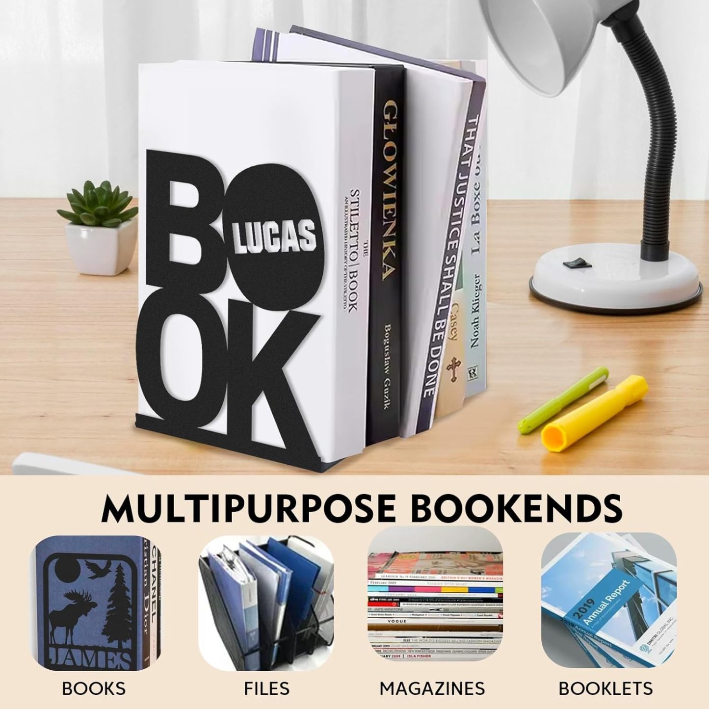 Custom Deer Metal Book Ends, Forest Theme Bookends for Shelves Decorative, Heavy Duty Bookend Stopper, Deer Cabin Decor, Book Organizer for Desk, Black Book Holders for Home Office, Hunter Gifts