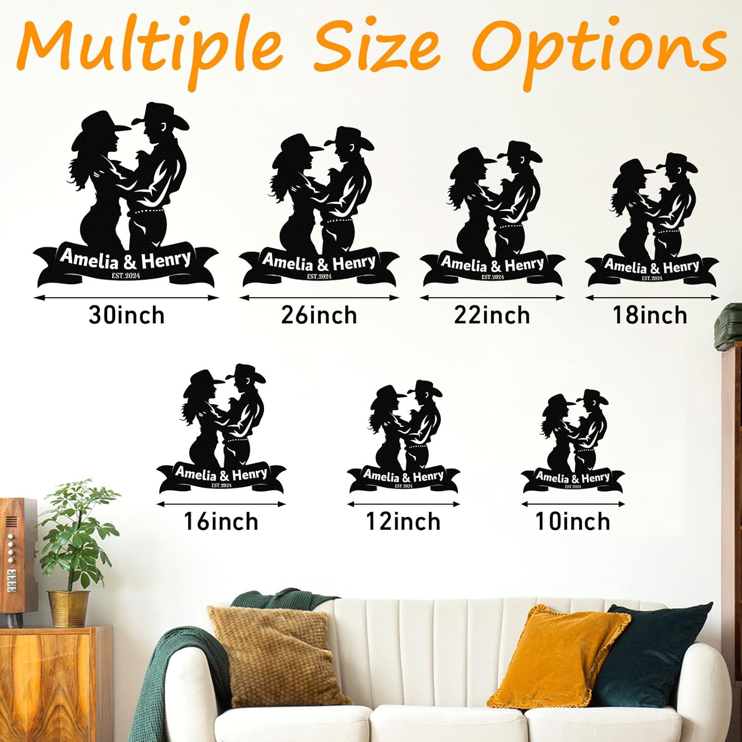 Personalized Western Wall Decor Metal Signs, Rustic Cowboy Couple Silhouette, Cowboy Metal Name Sign Customized, Vintage Howdy Wall Art Gifts for Home Bedroom Speakeasy Decor Color01