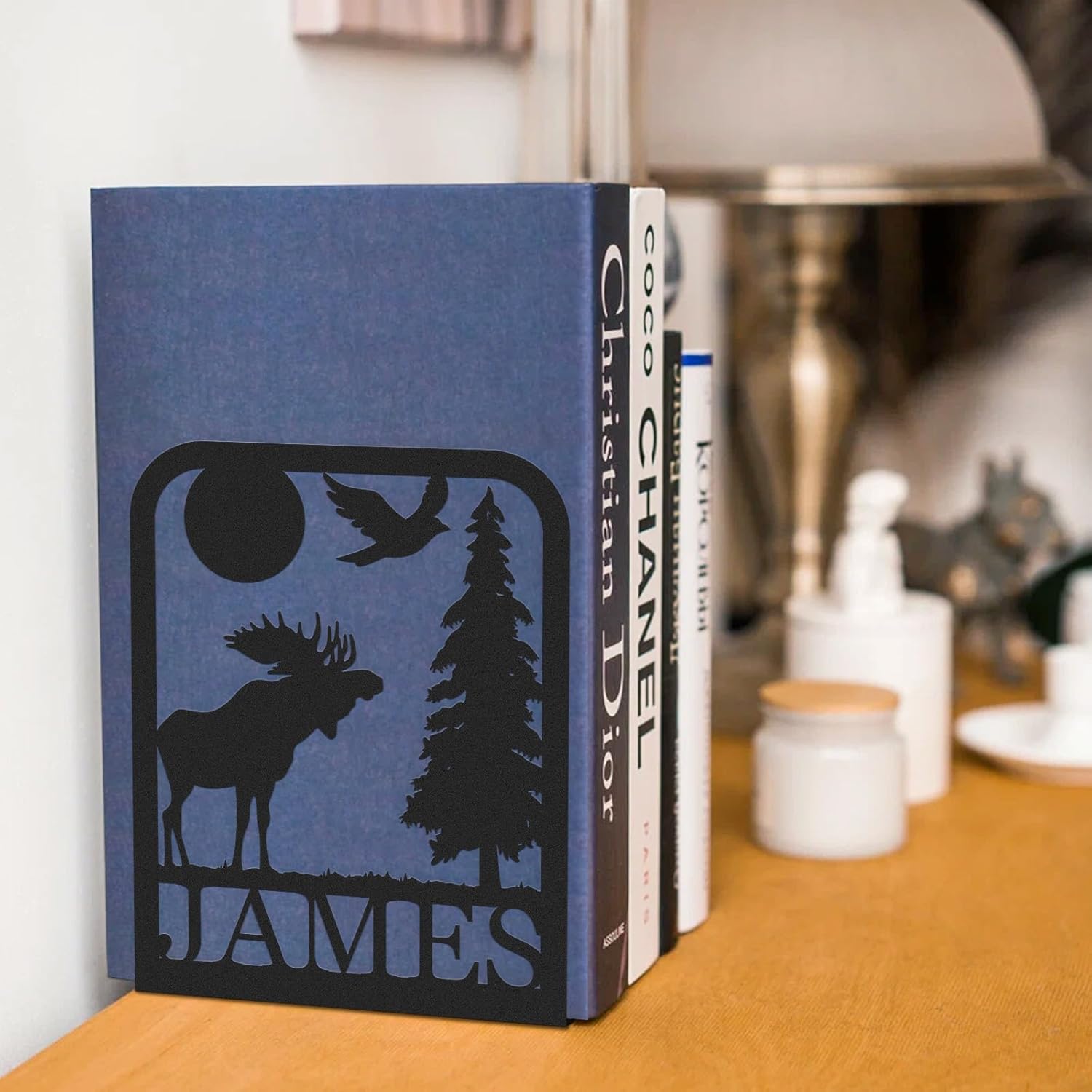 Custom Deer Metal Book Ends, Forest Theme Bookends for Shelves Decorative, Heavy Duty Bookend Stopper, Deer Cabin Decor, Book Organizer for Desk, Black Book Holders for Home Office, Hunter Gifts