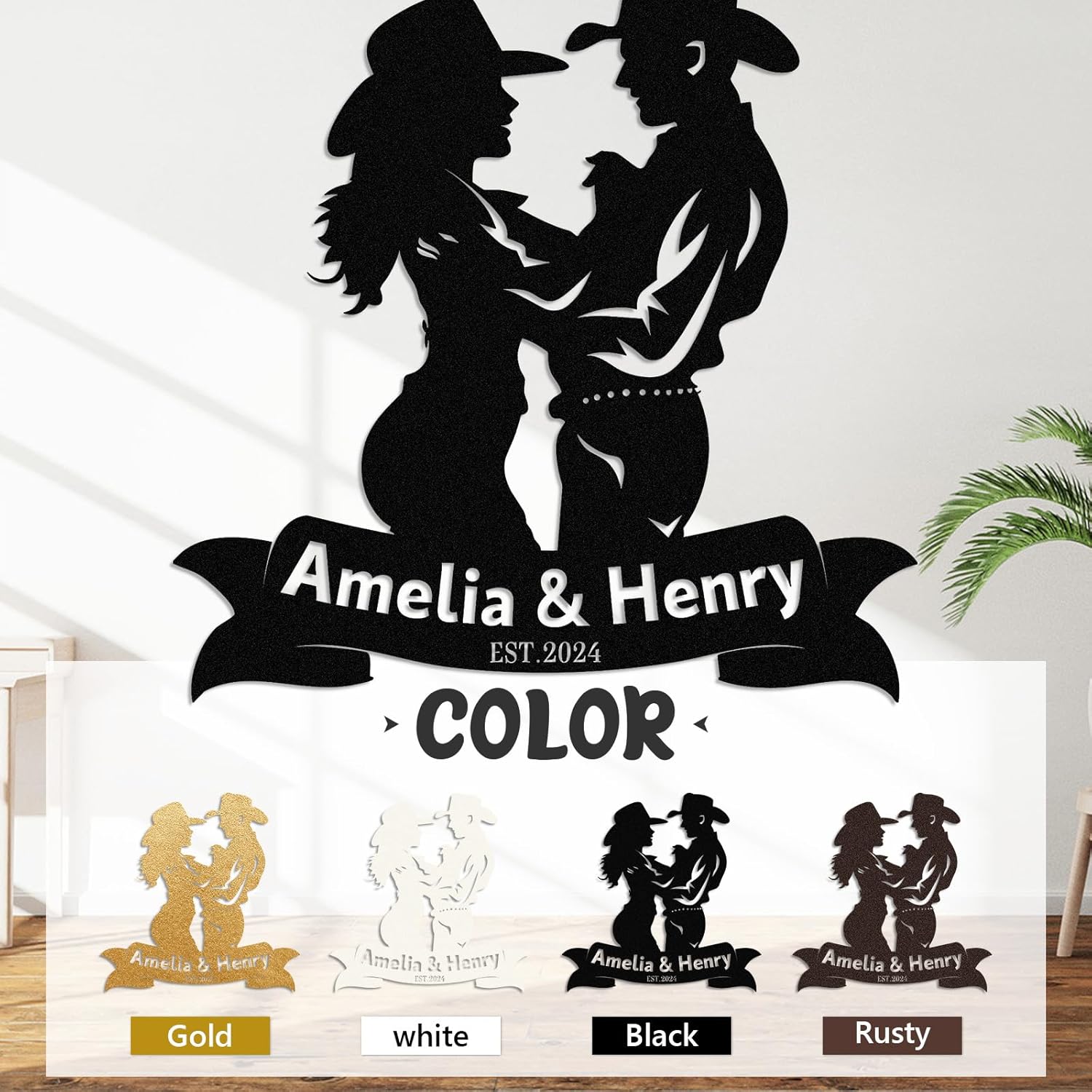 Personalized Western Wall Decor Metal Signs, Rustic Cowboy Couple Silhouette, Cowboy Metal Name Sign Customized, Vintage Howdy Wall Art Gifts for Home Bedroom Speakeasy Decor Color01