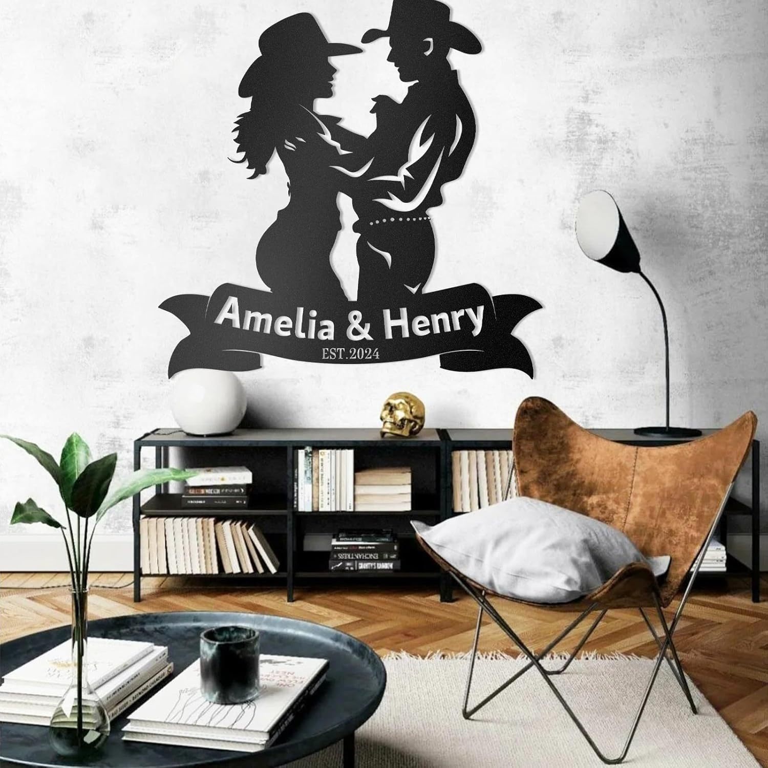 Personalized Western Wall Decor Metal Signs, Rustic Cowboy Couple Silhouette, Cowboy Metal Name Sign Customized, Vintage Howdy Wall Art Gifts for Home Bedroom Speakeasy Decor Color01