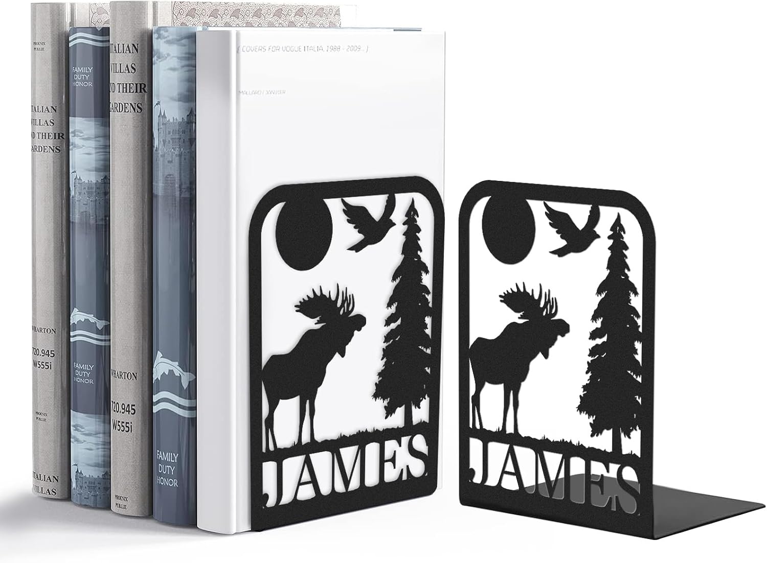 Custom Deer Metal Book Ends, Forest Theme Bookends for Shelves Decorative, Heavy Duty Bookend Stopper, Deer Cabin Decor, Book Organizer for Desk, Black Book Holders for Home Office, Hunter Gifts