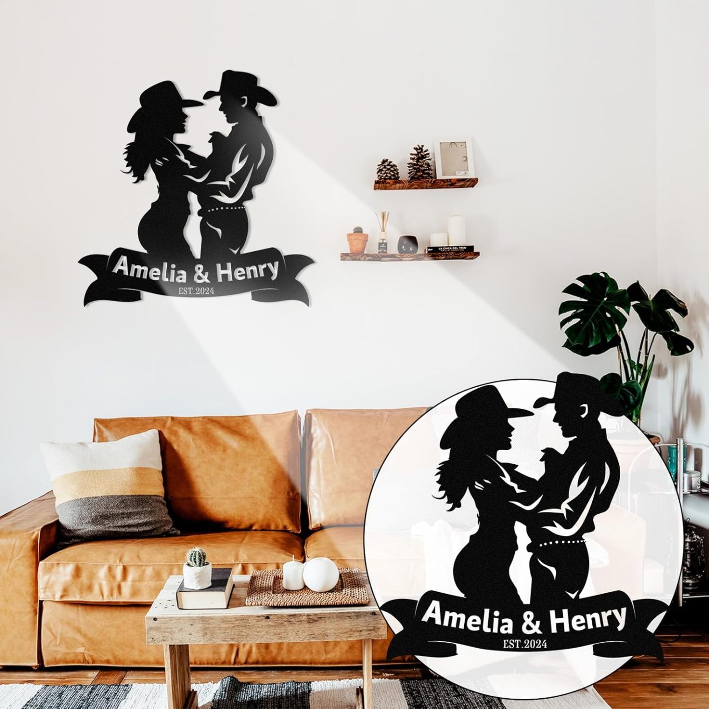 Personalized Western Wall Decor Metal Signs, Rustic Cowboy Couple Silhouette, Cowboy Metal Name Sign Customized, Vintage Howdy Wall Art Gifts for Home Bedroom Speakeasy Decor Color01