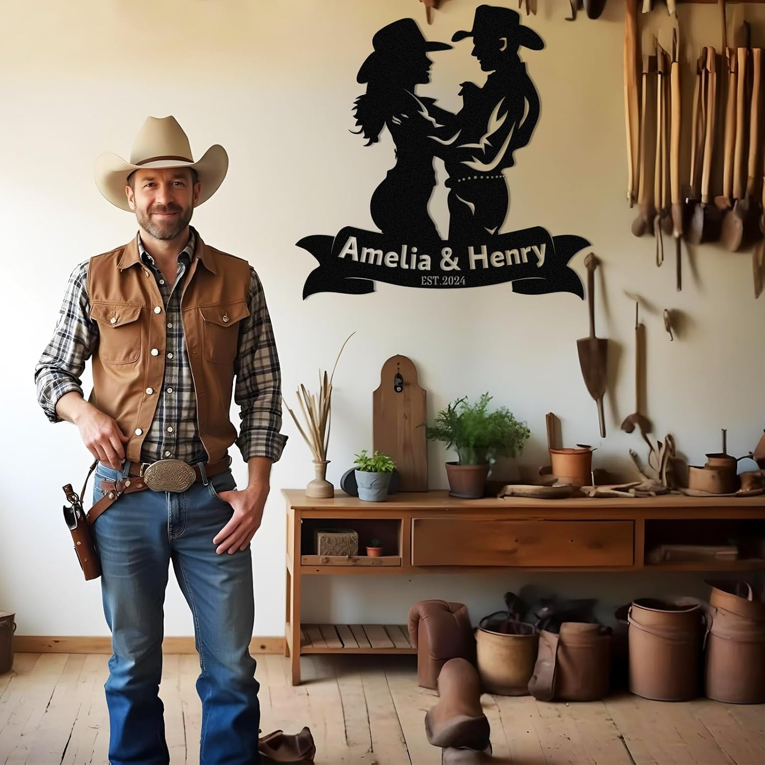 Personalized Western Wall Decor Metal Signs, Rustic Cowboy Couple Silhouette, Cowboy Metal Name Sign Customized, Vintage Howdy Wall Art Gifts for Home Bedroom Speakeasy Decor Color01