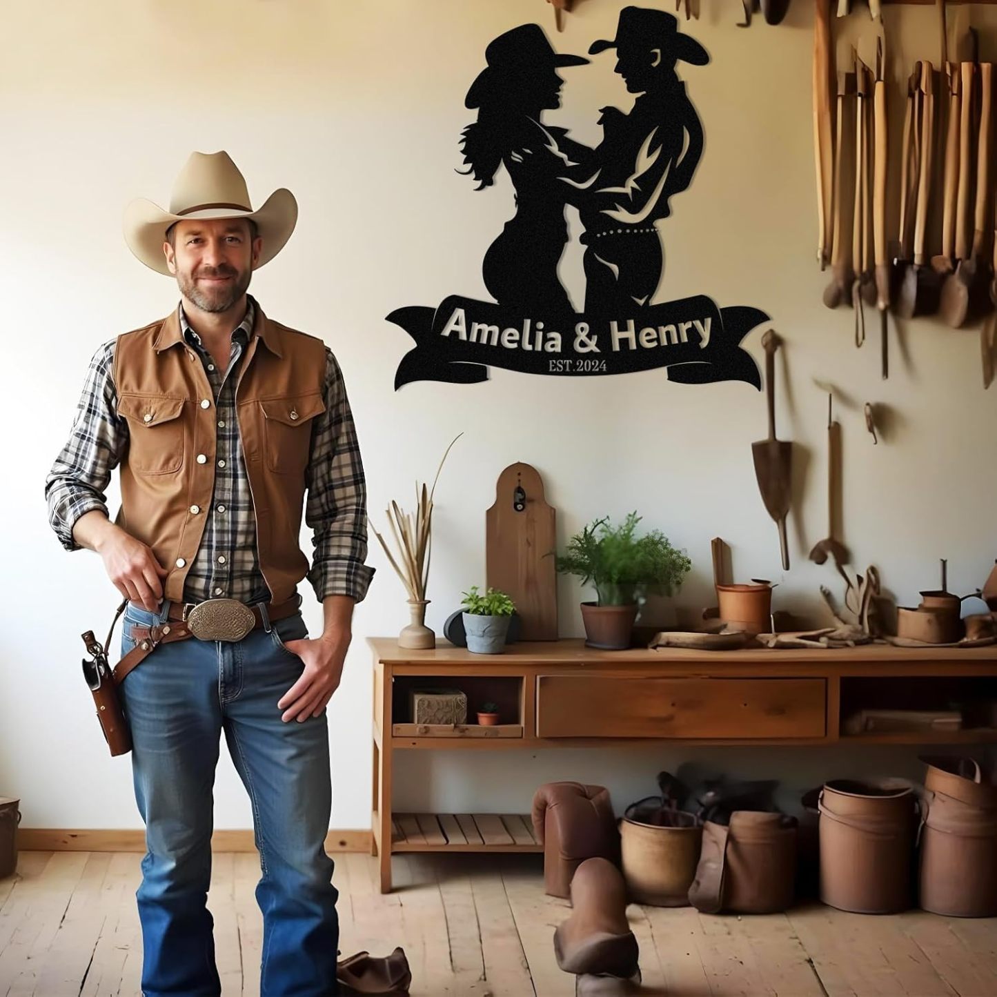 Personalized Western Wall Decor Metal Signs, Rustic Cowboy Couple Silhouette, Cowboy Metal Name Sign Customized, Vintage Howdy Wall Art Gifts for Home Bedroom Speakeasy Decor Color01