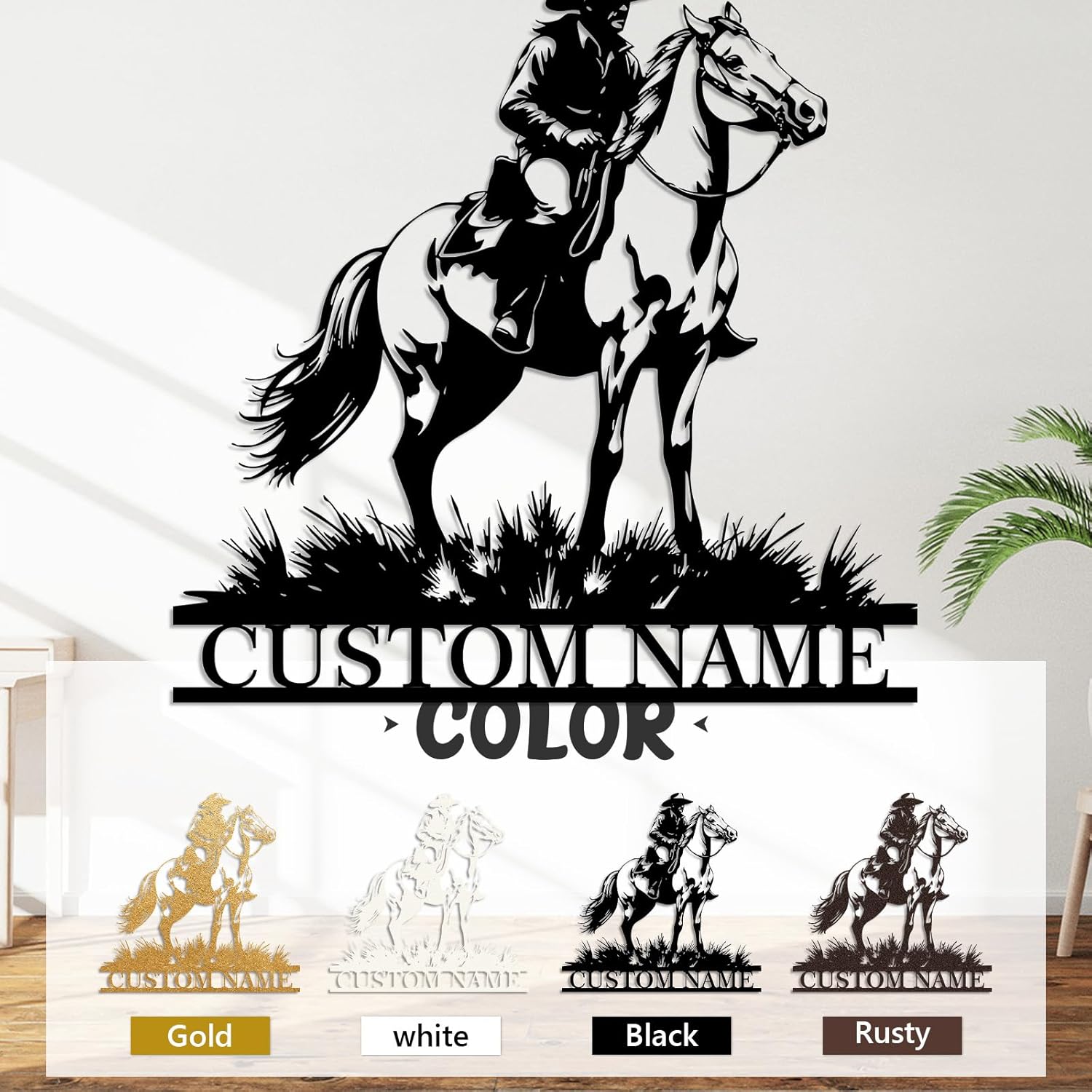 Personalized Western Wall Decor Metal Signs, Rustic Cowboy Couple Silhouette, Cowboy Metal Name Sign Customized, Vintage Howdy Wall Art Gifts for Home Bedroom Speakeasy Decor Color01