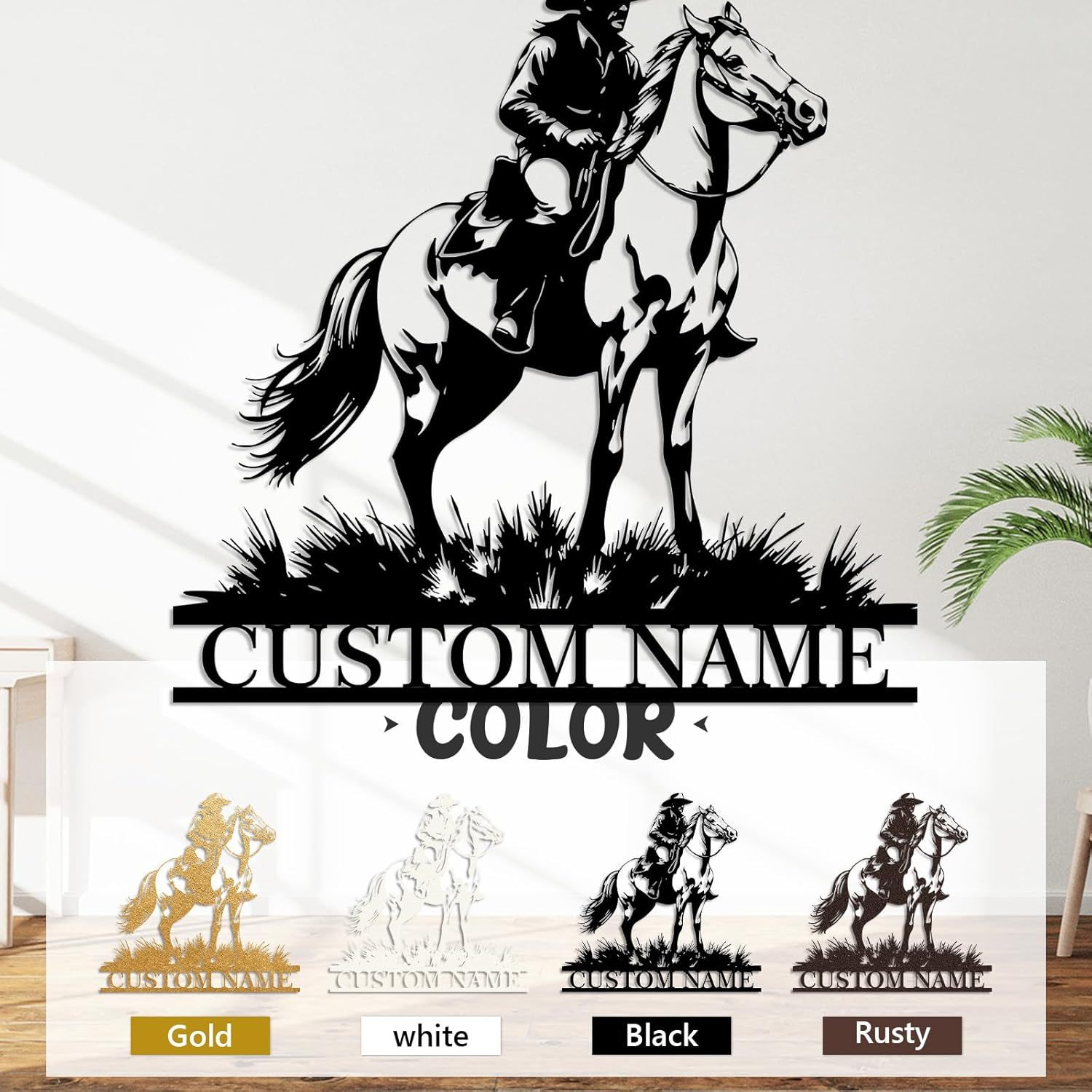 Personalized Western Wall Decor Metal Signs, Rustic Cowboy Couple Silhouette, Cowboy Metal Name Sign Customized, Vintage Howdy Wall Art Gifts for Home Bedroom Speakeasy Decor Color01