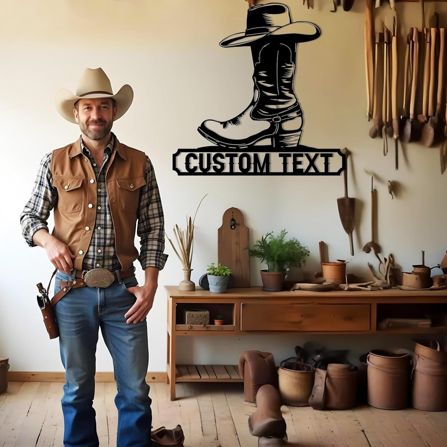 Personalized Western Wall Decor Metal Signs, Rustic Cowboy Couple Silhouette, Cowboy Metal Name Sign Customized, Vintage Howdy Wall Art Gifts for Home Bedroom Speakeasy Decor Color01