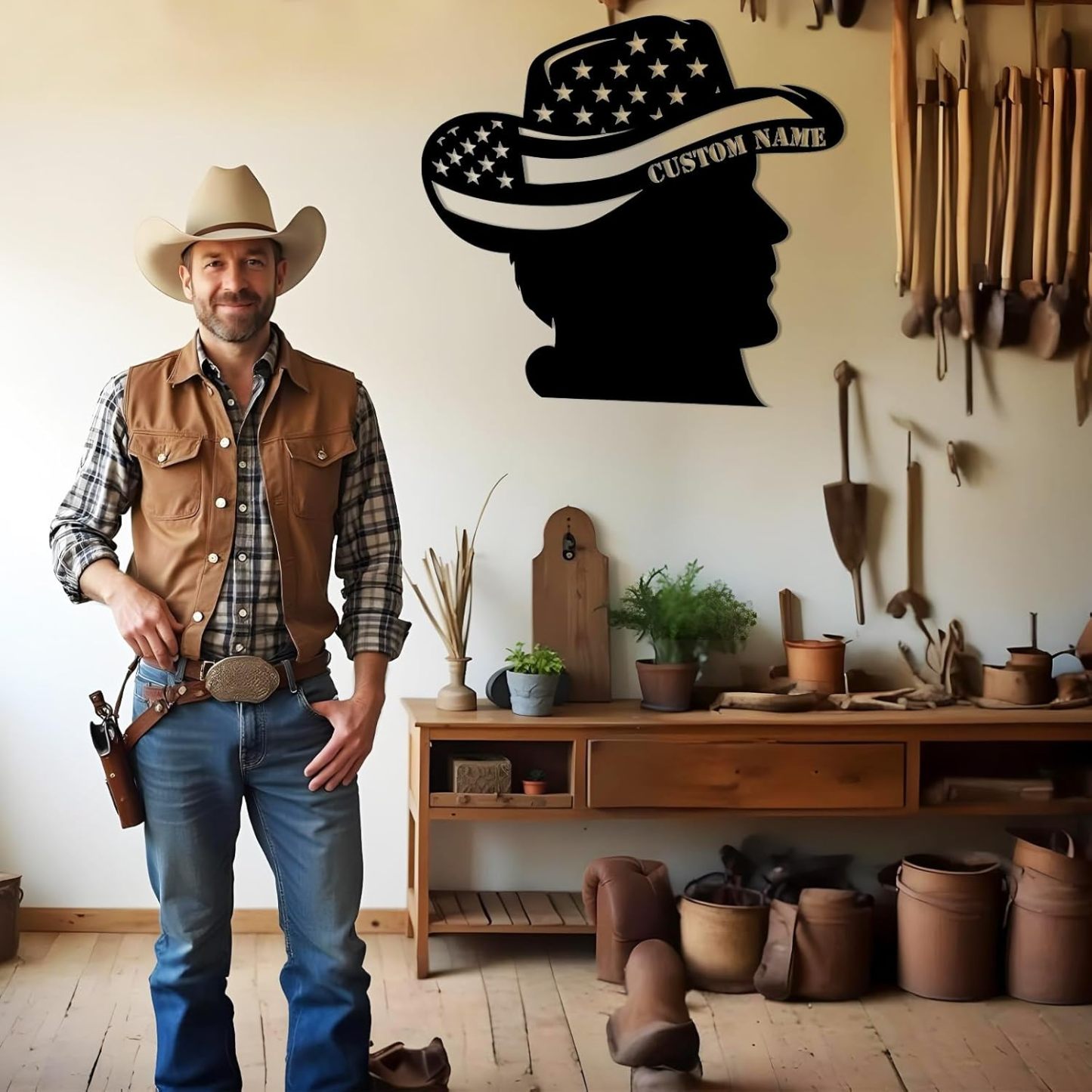 Personalized Western Wall Decor Metal Signs, Rustic Cowboy Couple Silhouette, Cowboy Metal Name Sign Customized, Vintage Howdy Wall Art Gifts for Home Bedroom Speakeasy Decor Color01