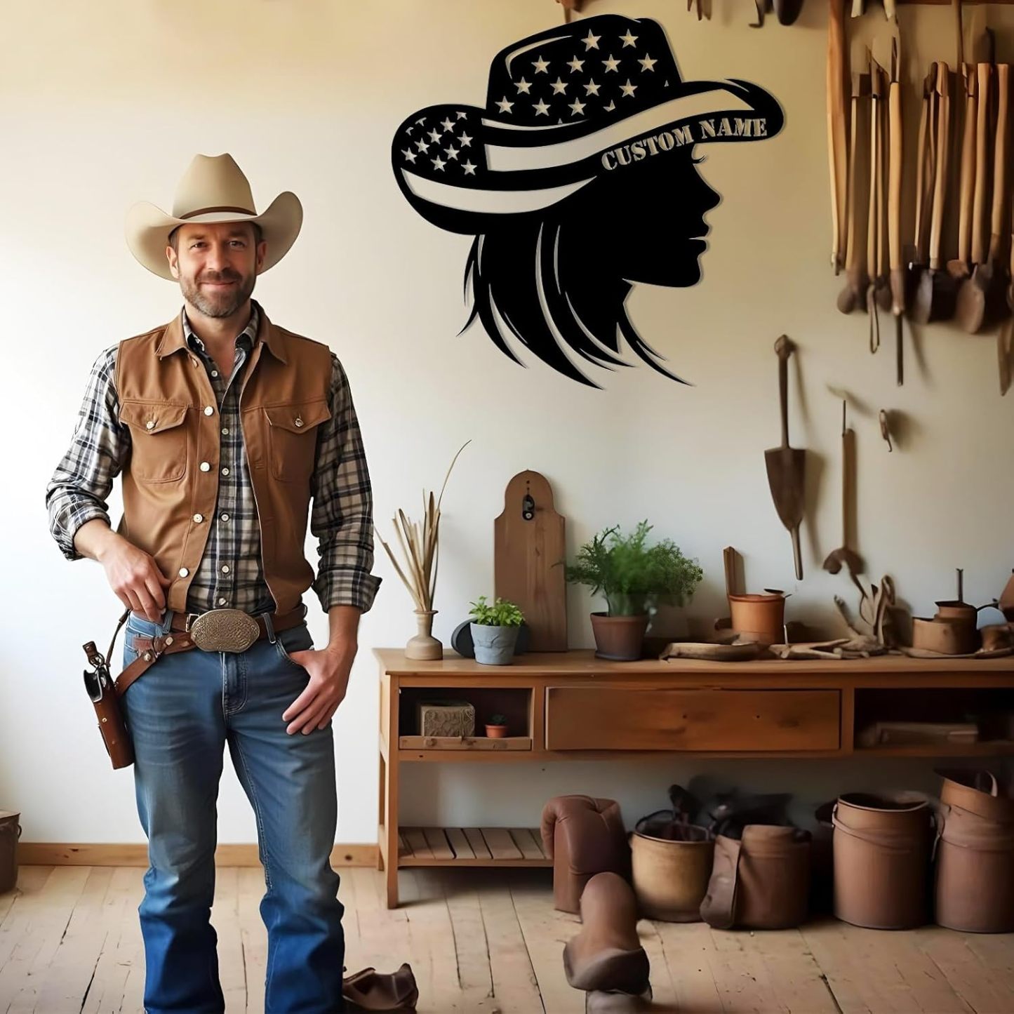 Personalized Western Wall Decor Metal Signs, Rustic Cowboy Couple Silhouette, Cowboy Metal Name Sign Customized, Vintage Howdy Wall Art Gifts for Home Bedroom Speakeasy Decor Color01