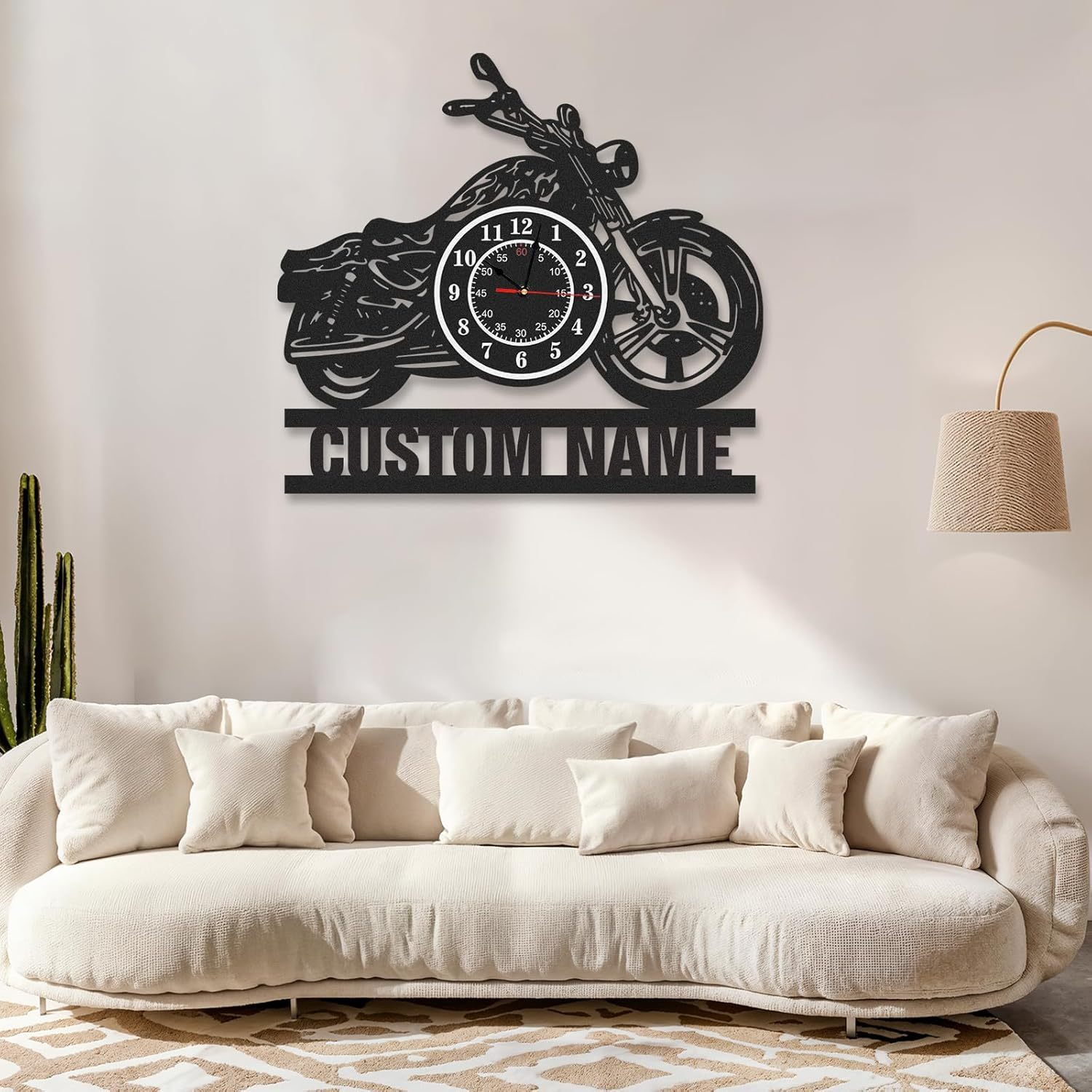 Personalized Large Outdoor Clock, Custom Motorcycle Wall Clock with Name, Modern Metal Wall Art, Battery Operated, Silent Non Ticking Clock for Garage Workshop Farmhouse Man Cave, Gifts for Men