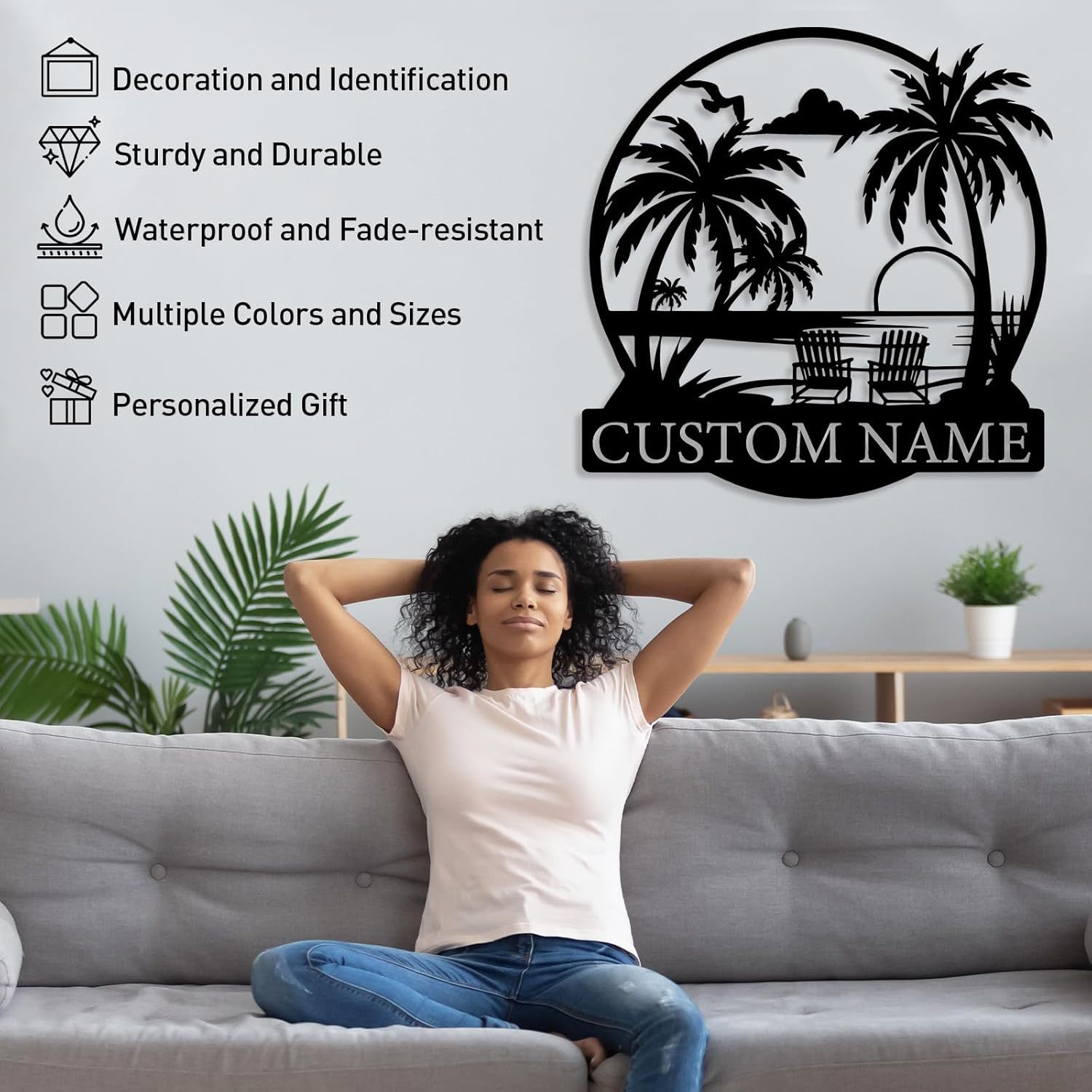 Personalized Beach Metal Sign, Custom Monogram Name Pool signs, Palm Trees Metal Sign for Outdoors