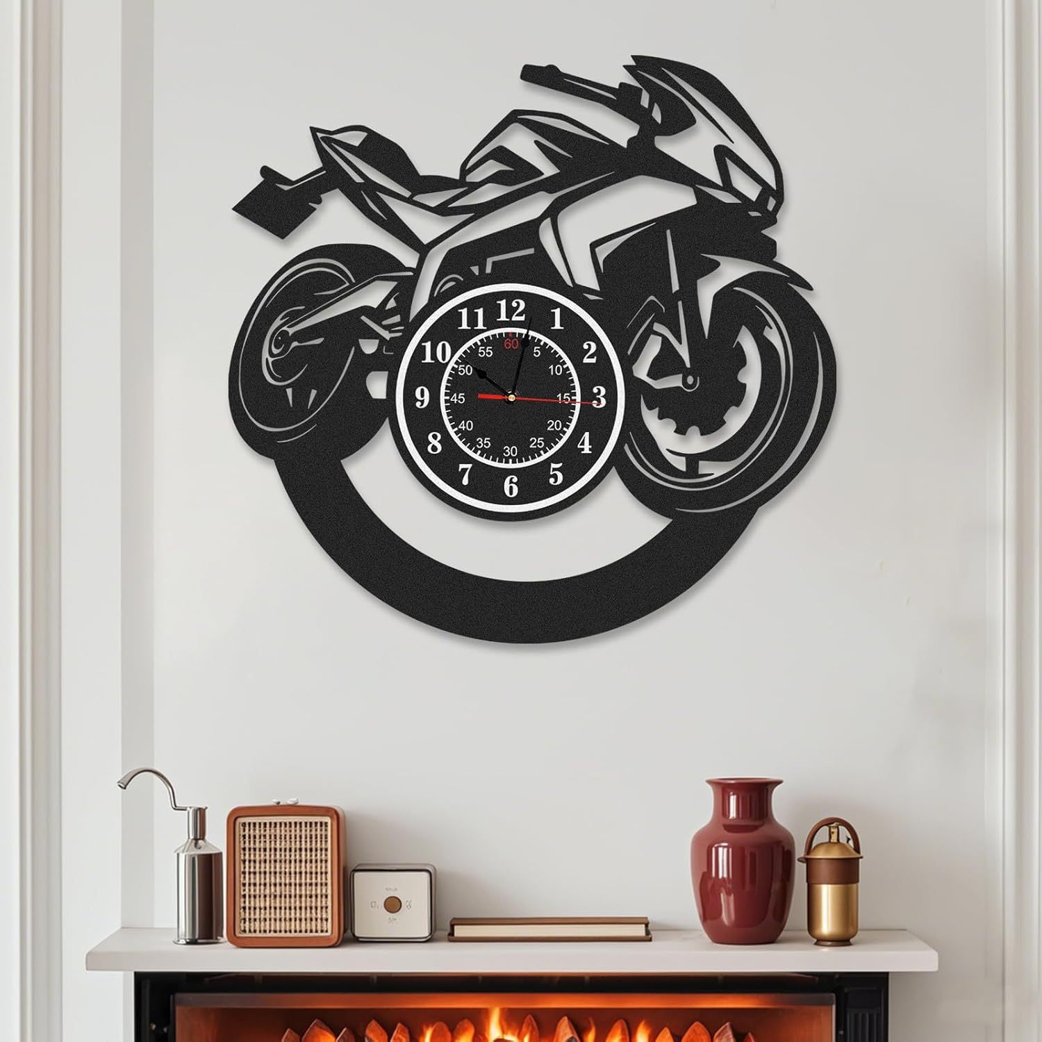Personalized Large Outdoor Clock, Custom Motorcycle Wall Clock with Name, Modern Metal Wall Art, Battery Operated, Silent Non Ticking Clock for Garage Workshop Farmhouse Man Cave, Gifts for Men