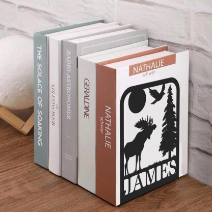 Custom Deer Metal Book Ends, Forest Theme Bookends for Shelves Decorative, Heavy Duty Bookend Stopper, Deer Cabin Decor, Book Organizer for Desk, Black Book Holders for Home Office, Hunter Gifts