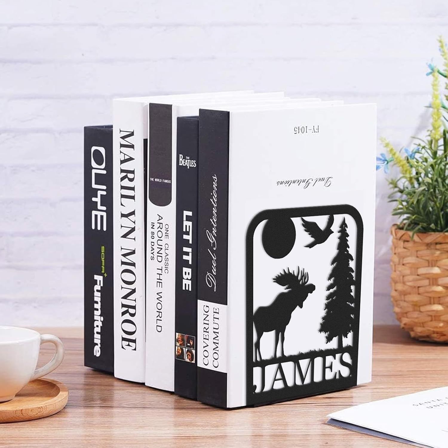 Custom Deer Metal Book Ends, Forest Theme Bookends for Shelves Decorative, Heavy Duty Bookend Stopper, Deer Cabin Decor, Book Organizer for Desk, Black Book Holders for Home Office, Hunter Gifts