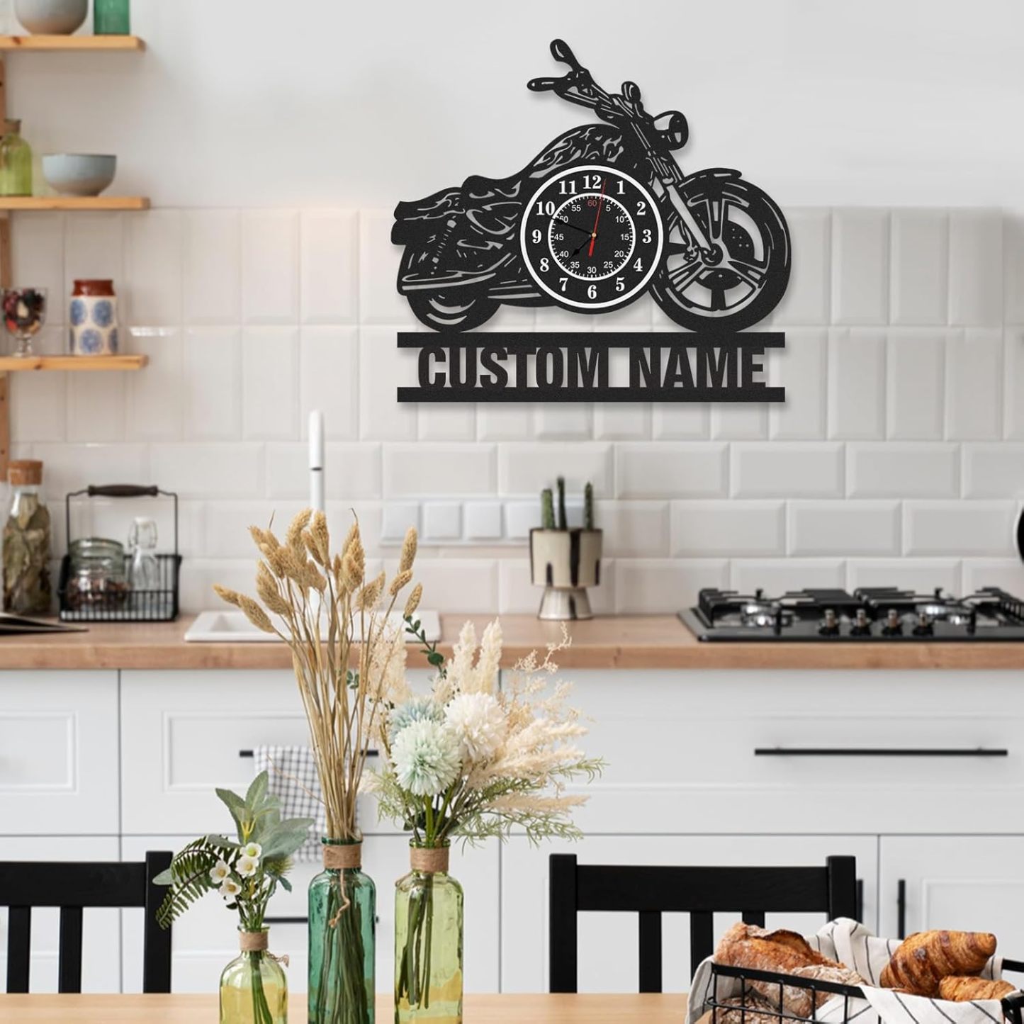 Personalized Large Outdoor Clock, Custom Motorcycle Wall Clock with Name, Modern Metal Wall Art, Battery Operated, Silent Non Ticking Clock for Garage Workshop Farmhouse Man Cave, Gifts for Men