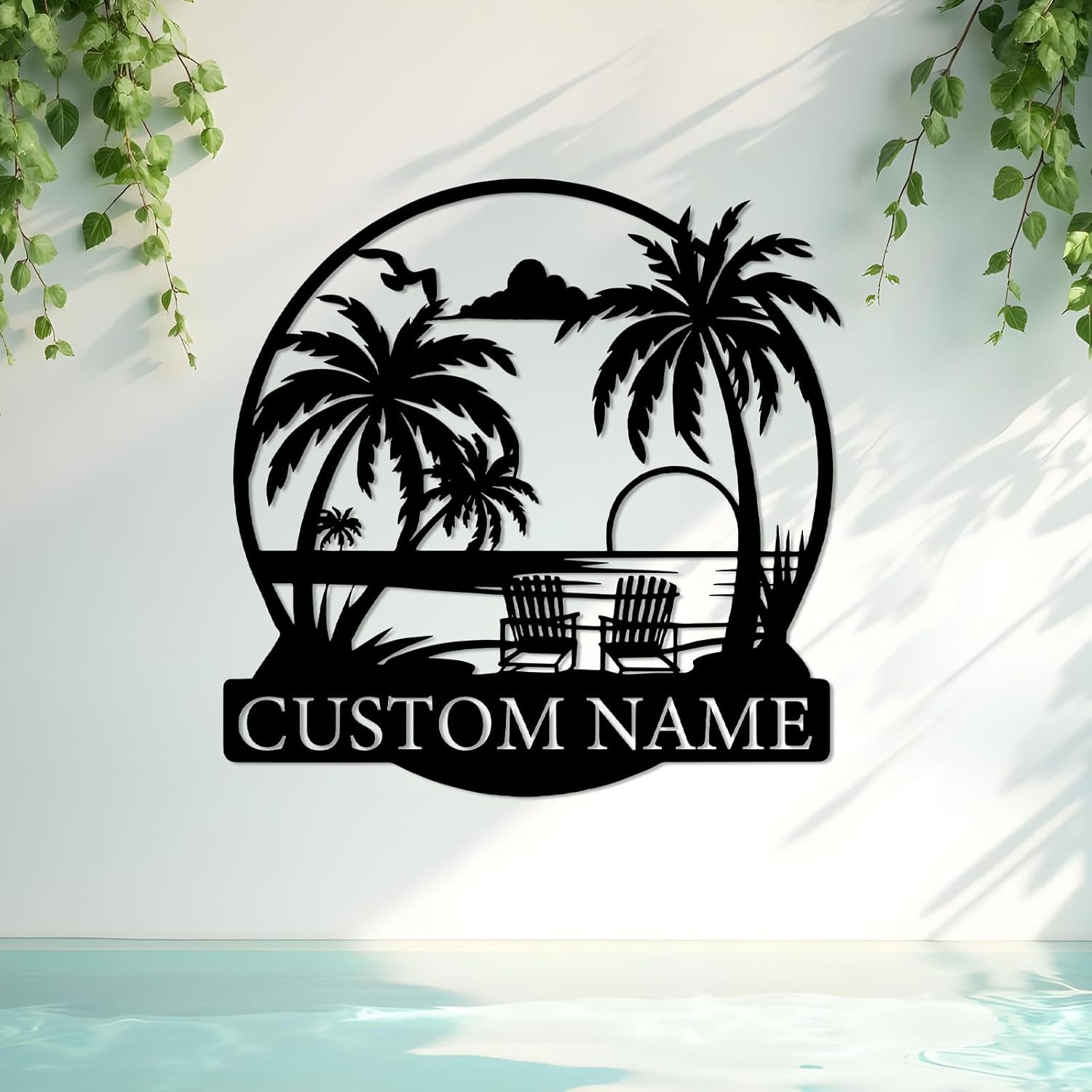 Personalized Beach Metal Sign, Custom Monogram Name Pool signs, Palm Trees Metal Sign for Outdoors