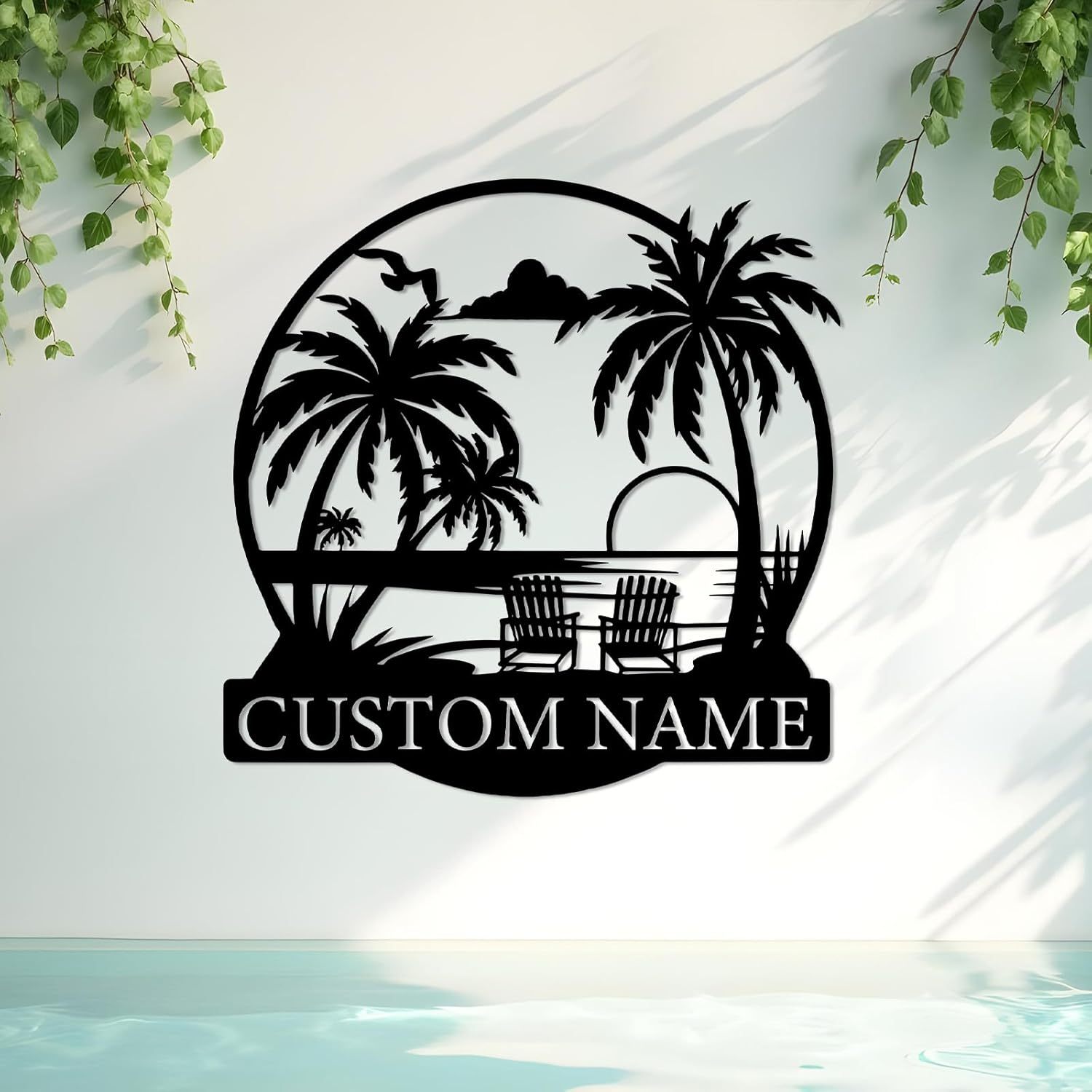 Personalized Beach Metal Sign, Custom Monogram Name Pool signs, Palm Trees Metal Sign for Outdoors