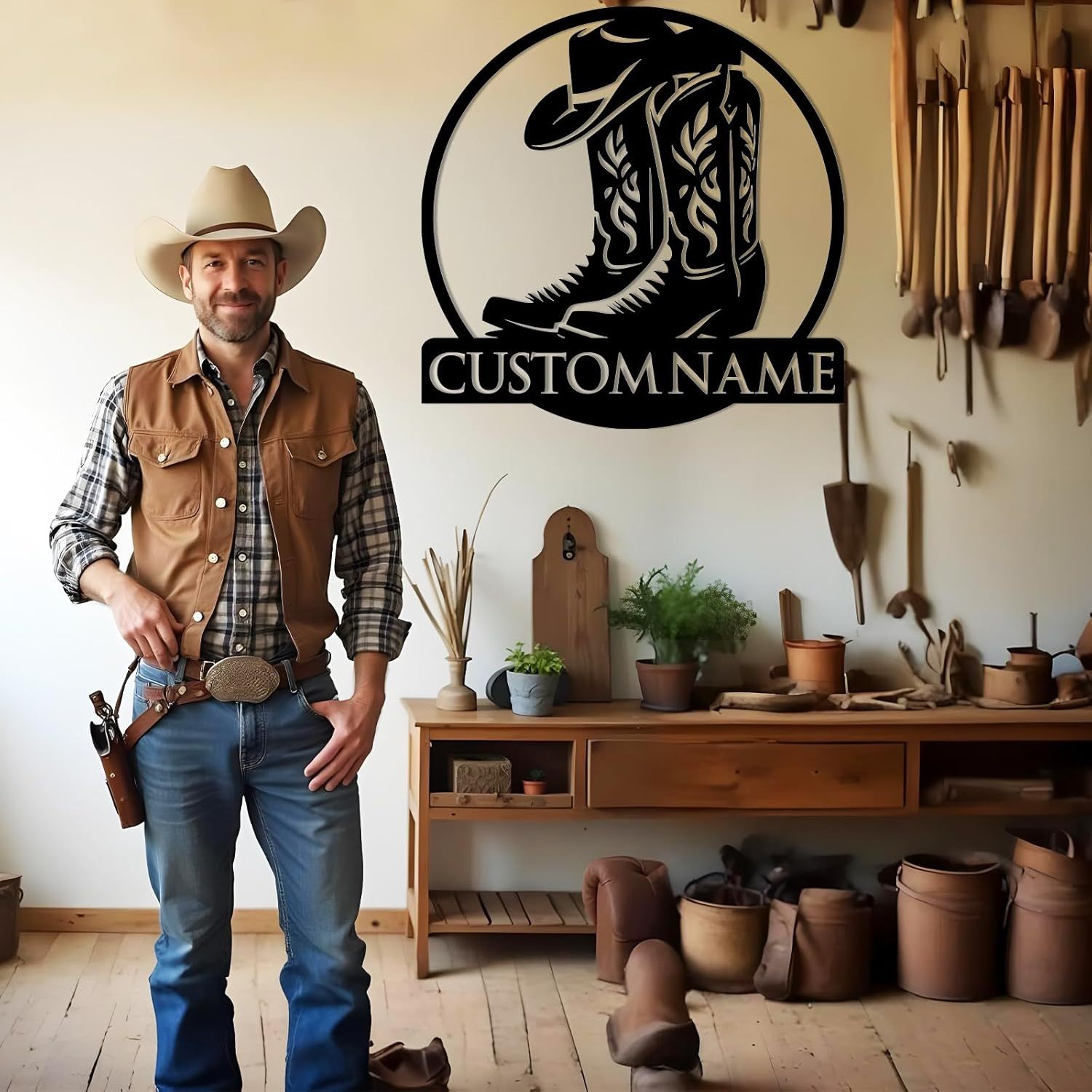 Personalized Western Wall Decor Metal Signs, Rustic Cowboy Couple Silhouette, Cowboy Metal Name Sign Customized, Vintage Howdy Wall Art Gifts for Home Bedroom Speakeasy Decor Color01