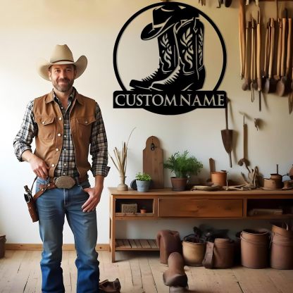 Personalized Western Wall Decor Metal Signs, Rustic Cowboy Couple Silhouette, Cowboy Metal Name Sign Customized, Vintage Howdy Wall Art Gifts for Home Bedroom Speakeasy Decor Color01