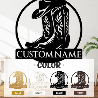 Personalized Western Wall Decor Metal Signs, Rustic Cowboy Couple Silhouette, Cowboy Metal Name Sign Customized, Vintage Howdy Wall Art Gifts for Home Bedroom Speakeasy Decor Color01