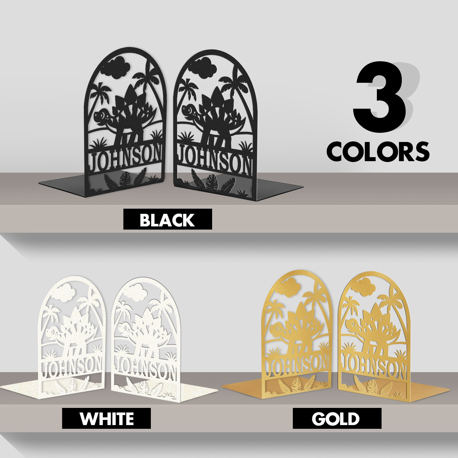 Personalized Name Book Ends Metal, Heavy Duty Bookends for Shelves Decorative, Dinosaur Non-Slip Book Stopper, Modern Bookshelf Decor for Home Office Desk, Gifts for Readers Color08